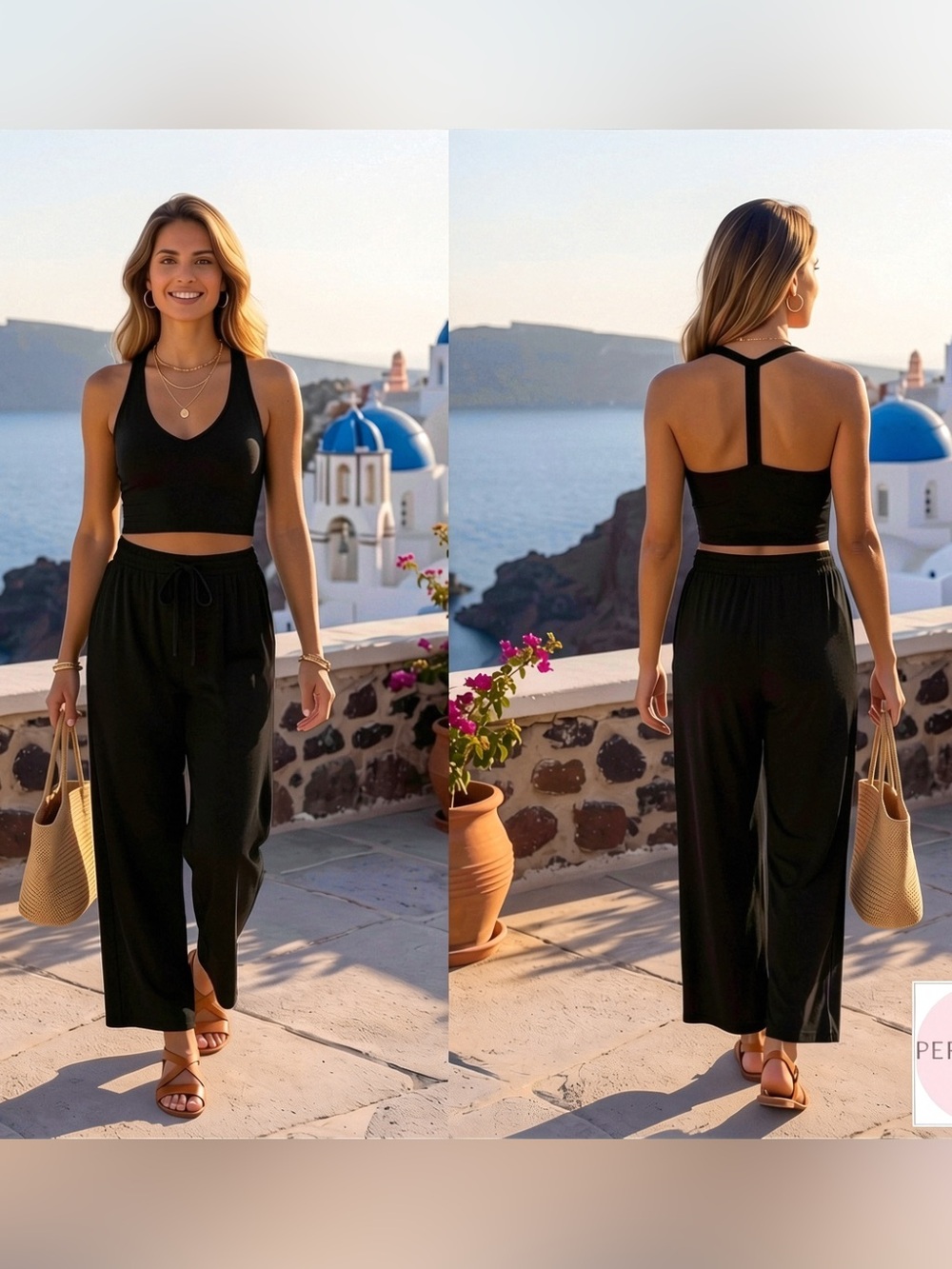 Lounge set V-Neck Crop Tank & Wide-Leg Lounge Pants - Black  Medium New